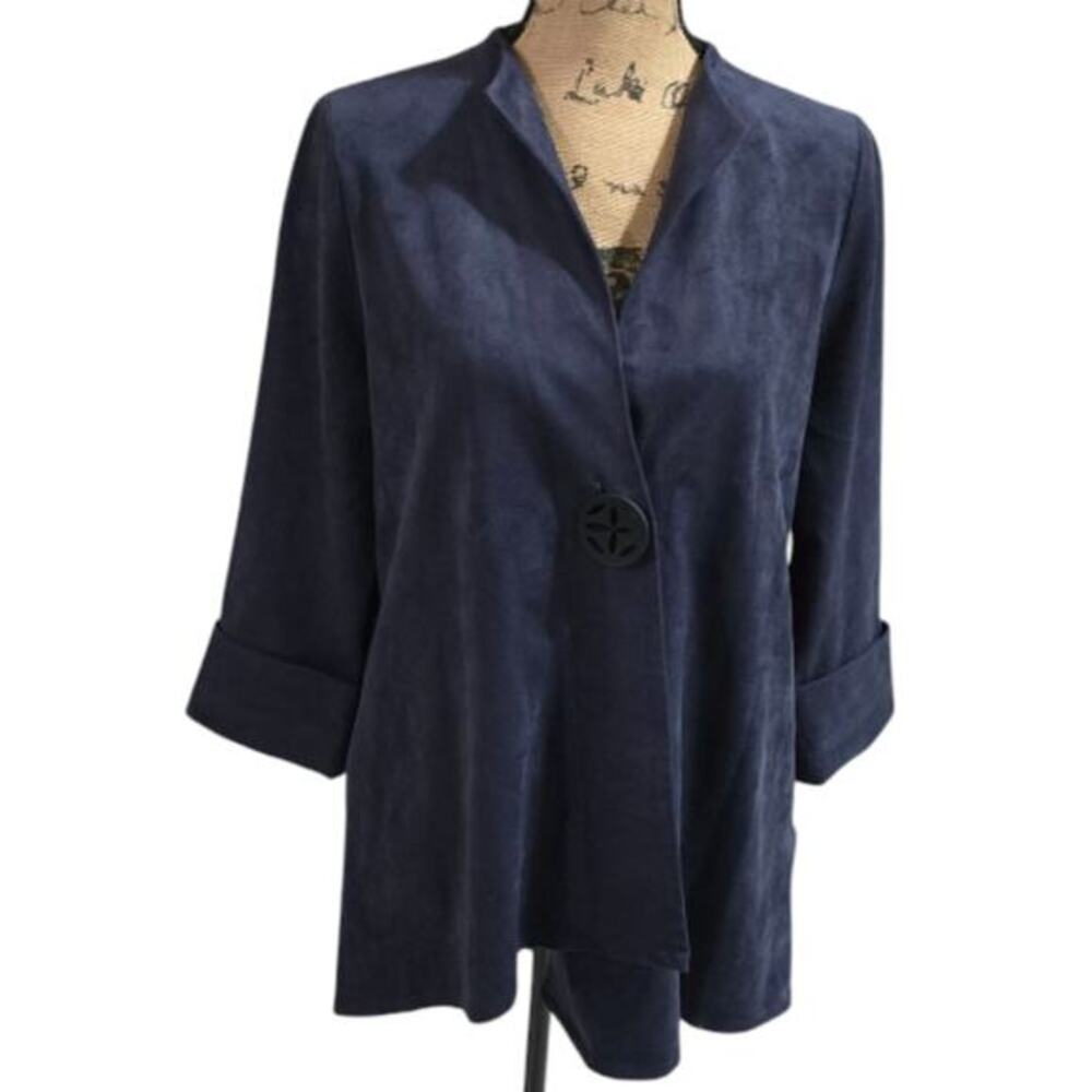 IC by Connie K Blue Vegan Suede Asymmetrical Hem Jacket Women's Size Small